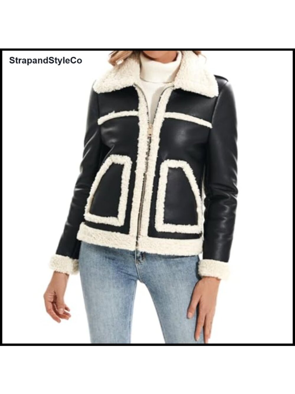 Faux Leather & Faux Fur Moto Jacket Sherpa Lined Zip Coat